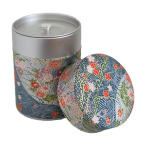 Boîte à thé - Dunes et fleurs rouges roses sur fond bleu et nacré - M747