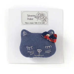 Broche en tissu Chat - Bleu foncé et Fleurs - Séverine Prélat