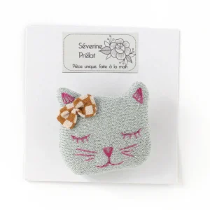 Broche en tissu Chat - Gris et Carreaux - Séverine Prélat
