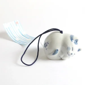 Clochette à Vent Japonaise en Céramique - Chat - Blanc et Bleu