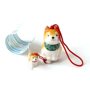 Clochette à Vent Japonaise en Céramique - Shiba Inu - Orange et Vert