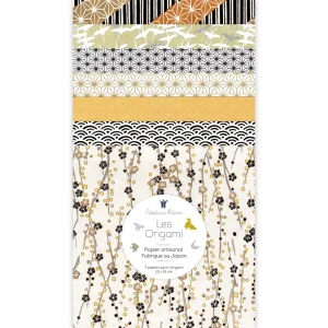 7 Papiers Origami - 15 x 15 cm - Blanc Crème, Noir et Or - Manuscrit - S4