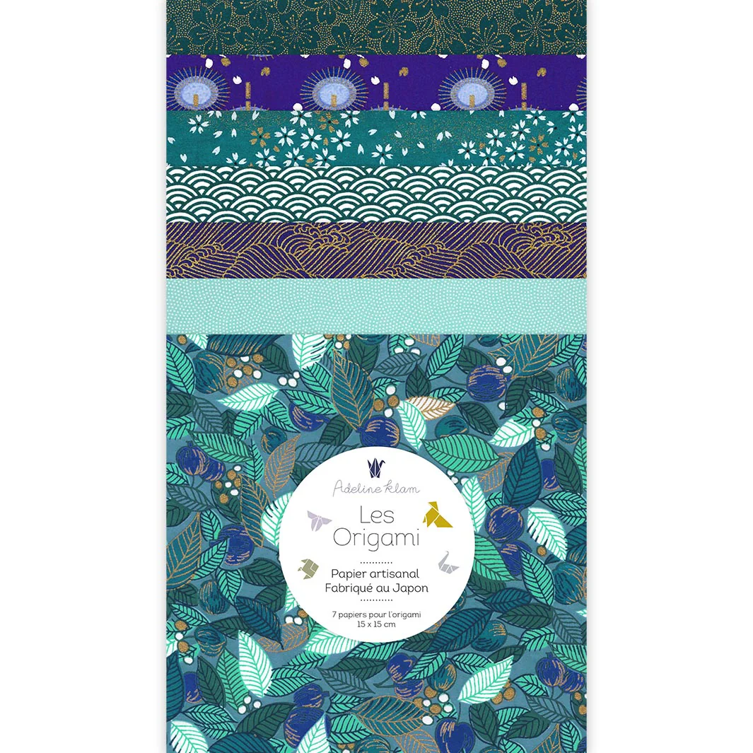 7 Papiers Origami - 15 x 15 cm - Bleu Canard, Vert d'Eau et Bleu Nuit - Songe - Z15