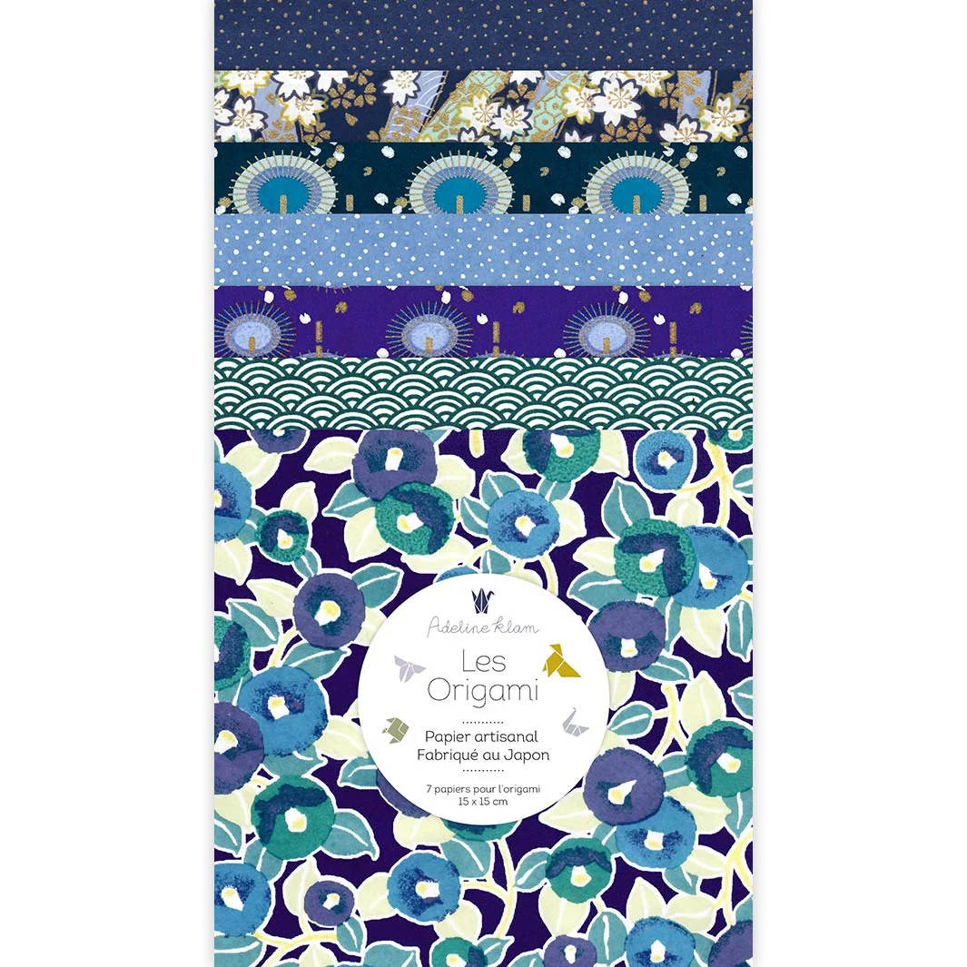 7 Papiers Origami - 15 x 15 cm - Bleu Nuit, Marine et Canard, Vert - Nocturne - Z13