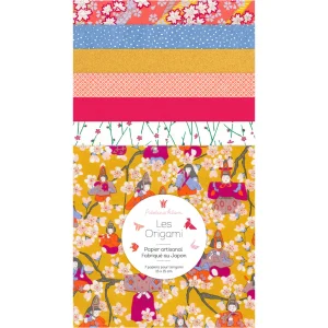 7 Papiers Origami - 15 x 15 cm - Jaune Moutarde, Corail, Rose Fuchsia et Bleu Gris - Fruité - A14