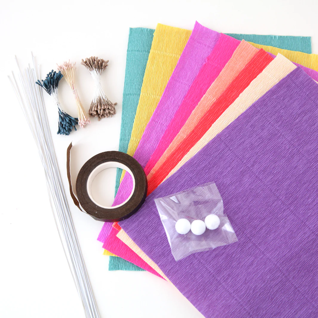 Kit Bouquet de Fleurs en Crépon - Jaune, Corail, Rose, Violet, Jaune et Bleu Canard - Arlequin – Image 3