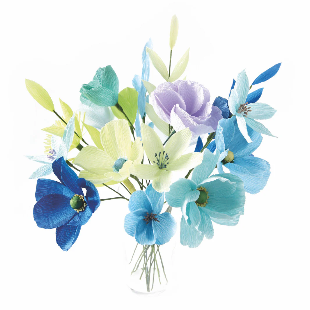 Kit Bouquet de Fleurs en Crépon - Bleu, Vert, Gris et Lilas - Capri