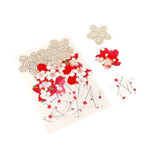 Lot de 18 Stickers en Papier Japonais - Sakura - Blanc Cassé, Rouge et Or - N1