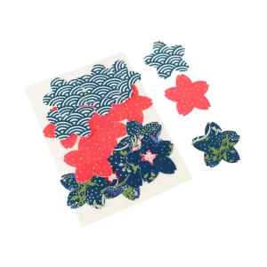 Lot de 18 Stickers en Papier Japonais - Sakura - Bleu Marine et Rose Rouge - Y1