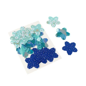 Lot de 18 Stickers en Papier Japonais - Sakura - Vert d'Eau, Bleu Canard et Bleu Foncé - Z1