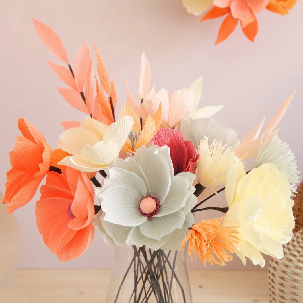 Kit Bouquet de Fleurs en Crépon - Rouge, Corail, Orange, Jaune, Rose, Mauve et Gris - Naturel – Image 7