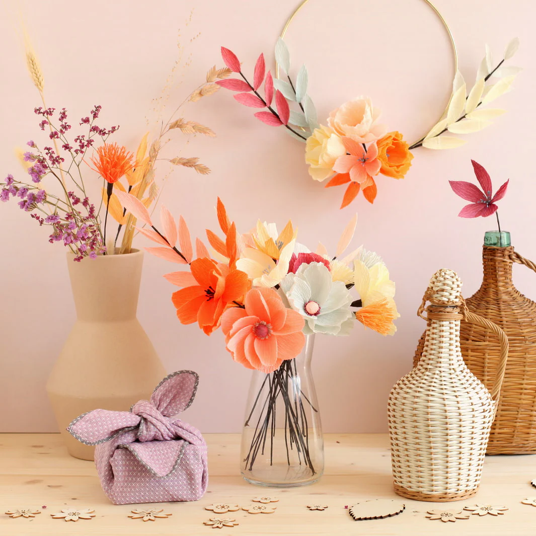 Kit Bouquet de Fleurs en Crépon - Rouge, Corail, Orange, Jaune, Rose, Mauve et Gris - Naturel – Image 6