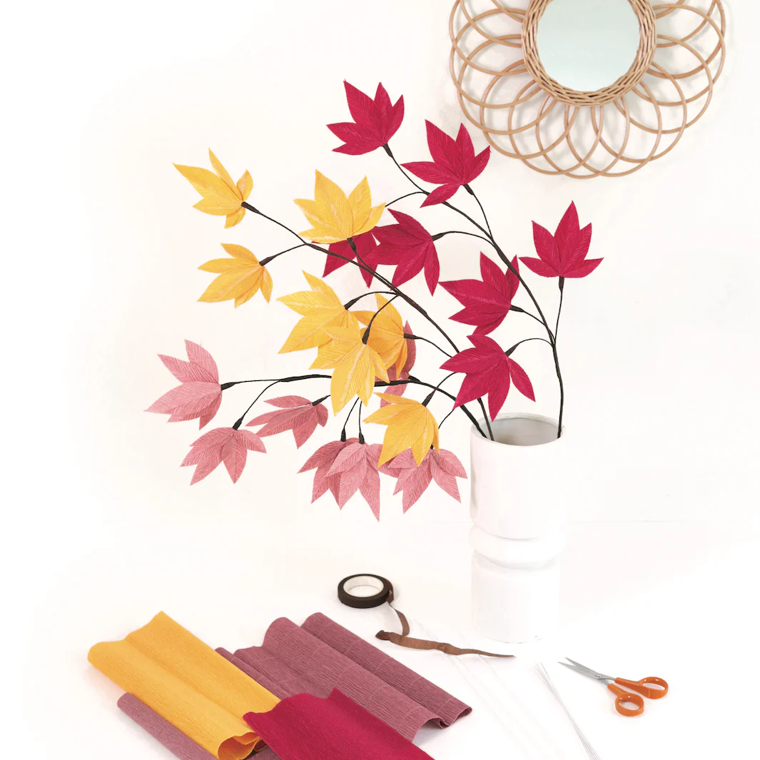 Kit 3 Branchages Feuilles d'Érable en Crépon - Rose Fuchsia Foncé, Lie de Vin et Jaune Moutarde - Rio – Image 3