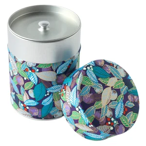 Boîte à Thé Cylindrique Papier Japonais - Feuilles, Baies et Fruits - Bleu, Vert et Violet - M829
