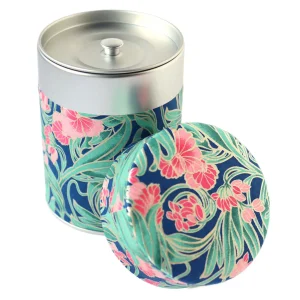 Boîte à Thé Cylindrique Papier Japonais -  Fleurs Art Nouveau - Bleu Foncé, Vert et Rose - M947