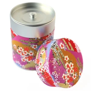 Boîte à Thé Cylindrique Papier Japonais - Fleurs, Montagnes et Nuages - Rouge, Rose, Violet et Or - M948
