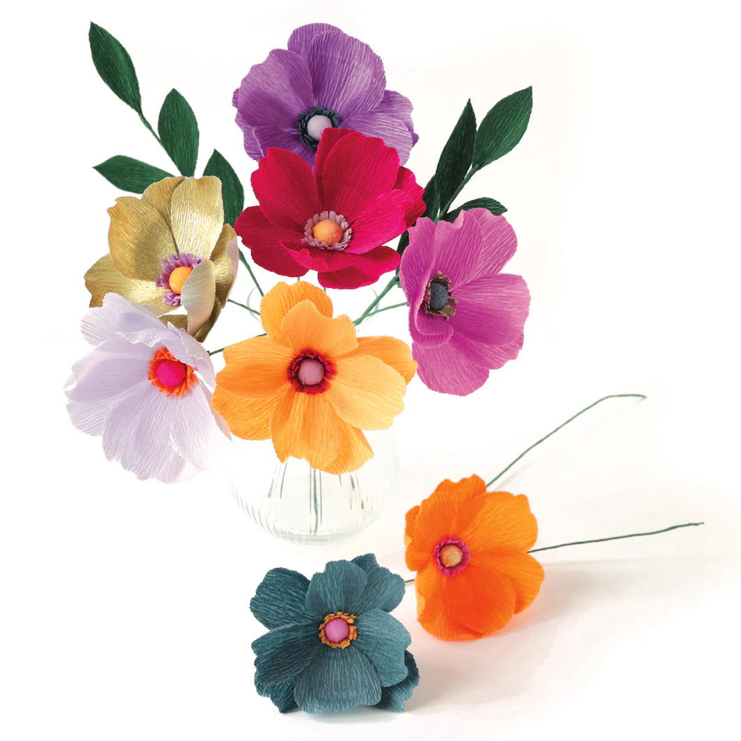 Kit Bouquet d'Anémones en Crépon - Orange, Bleu Canard, Vert Foncé, Mauve, Lilas et Prune - Esmeralda