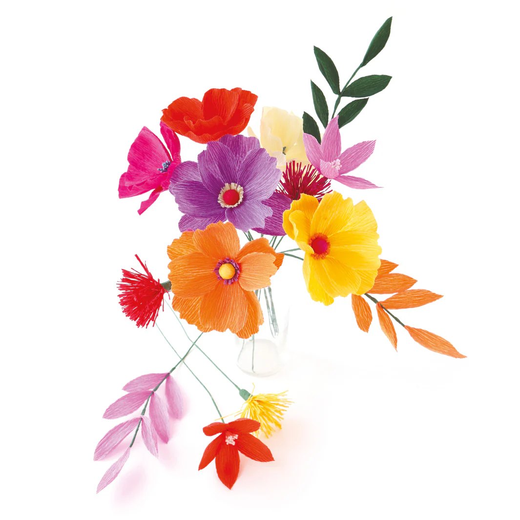 Kit Bouquet de Fleurs en Crépon - Jaune, Orange, Rouge, Rose et Violet et Vert Foncé - Tutti Frutti