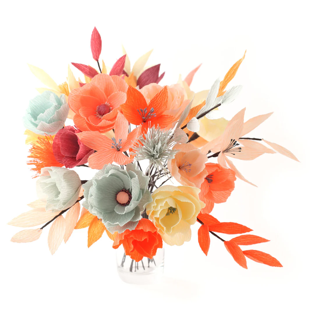 Kit Bouquet de Fleurs en Crépon - Rouge, Corail, Orange, Jaune, Rose, Mauve et Gris - Naturel