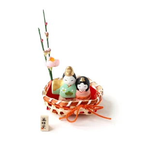 Couple en Céramique - Hina Matsuri - Vert d'Eau, Rose et Or - Fleurs de Pêcher et Panier