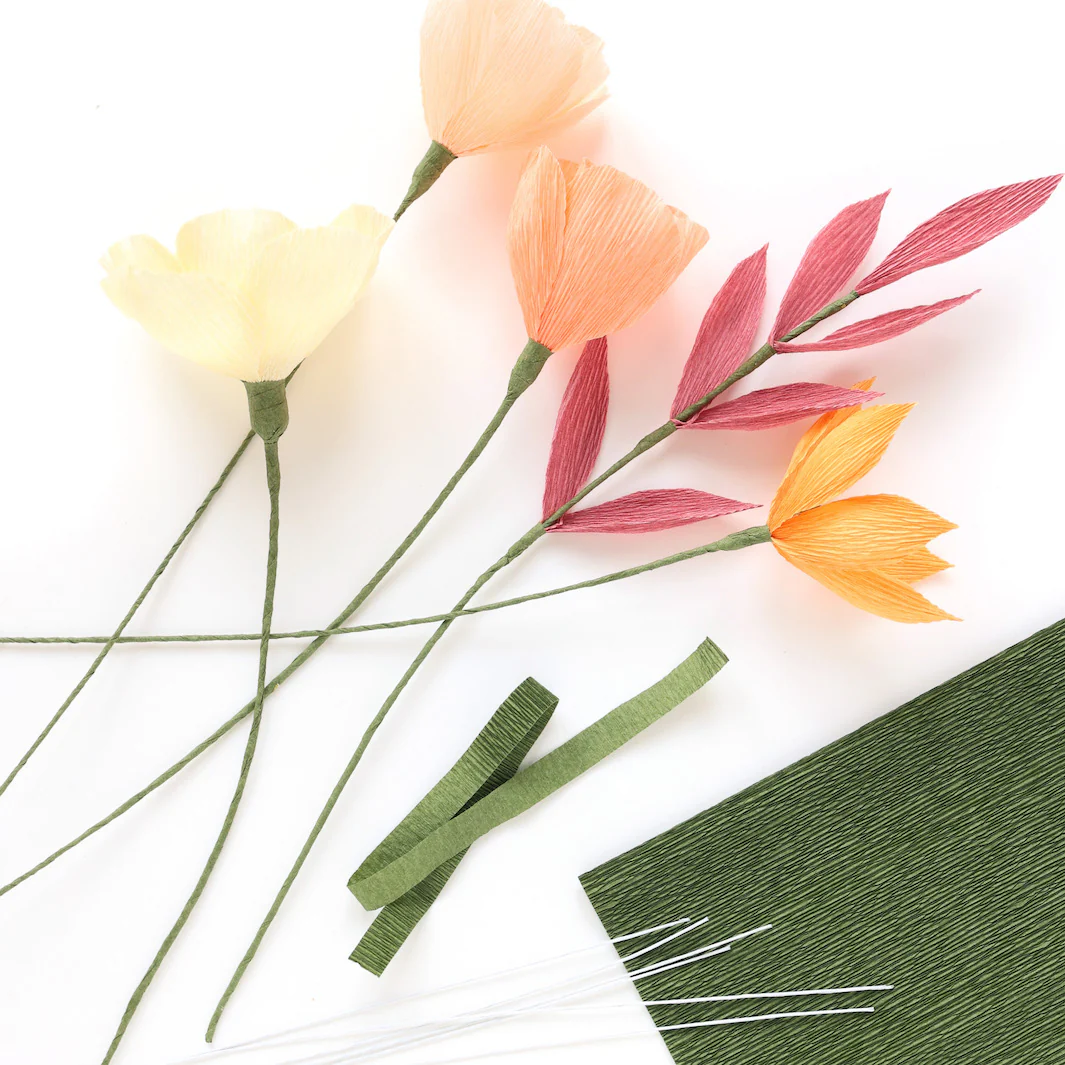 Kit Bouquet de Fleurs en Crépon - Rouge, Corail, Orange, Jaune, Rose, Mauve et Gris - Naturel – Image 8