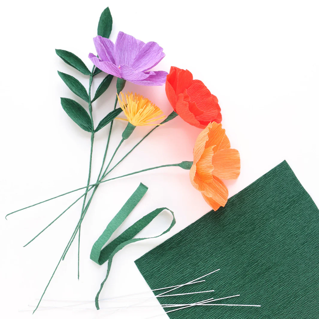 Kit Bouquet de Fleurs en Crépon - Jaune, Orange, Rouge, Rose et Violet et Vert Foncé - Tutti Frutti – Image 6