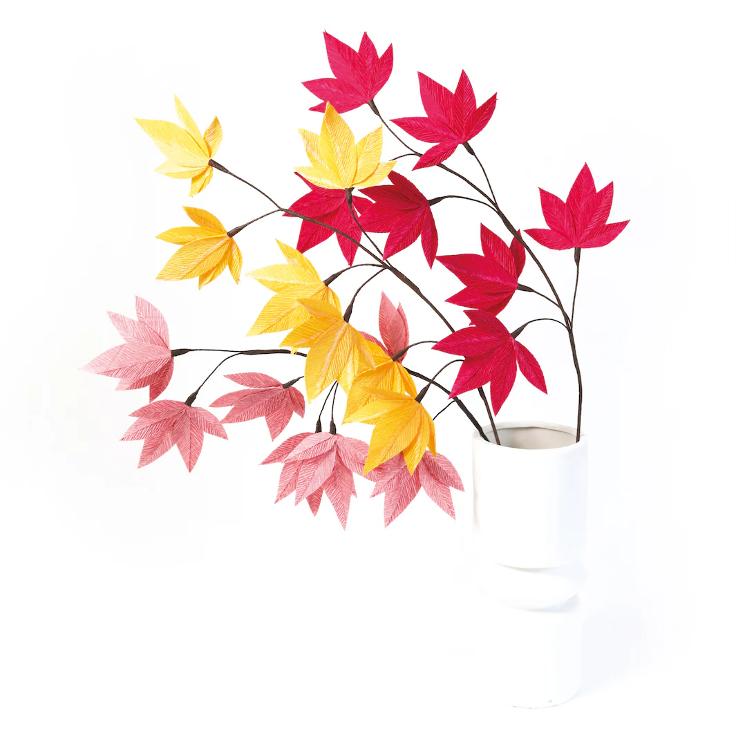 Kit 3 Branchages Feuilles d'Érable en Crépon - Rose Fuchsia Foncé, Lie de Vin et Jaune Moutarde - Rio – Image 2