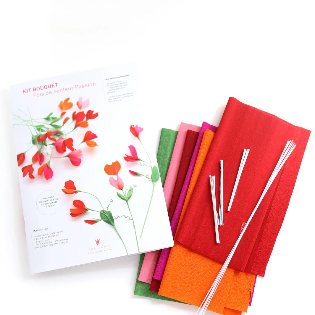 Kit Bouquet de Pois de Senteur en Crépon - Rouge Carmin, Prune, Rose, Orange et Vert Moyen - Passion – Image 4