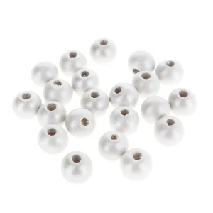 Lot de 20 Perles en Bois - Blanc, Métallisé - 10mm