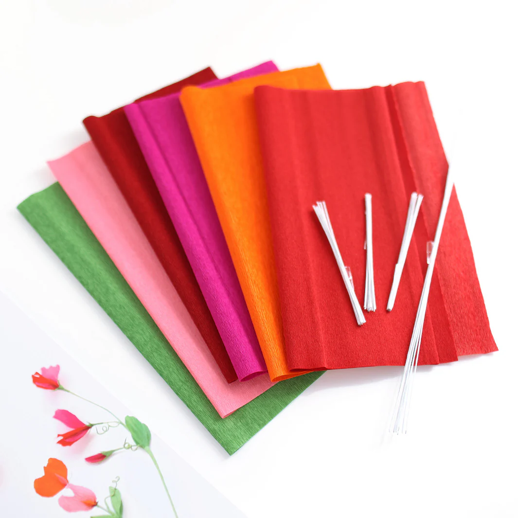 Kit Bouquet de Pois de Senteur en Crépon - Rouge Carmin, Prune, Rose, Orange et Vert Moyen - Passion – Image 7