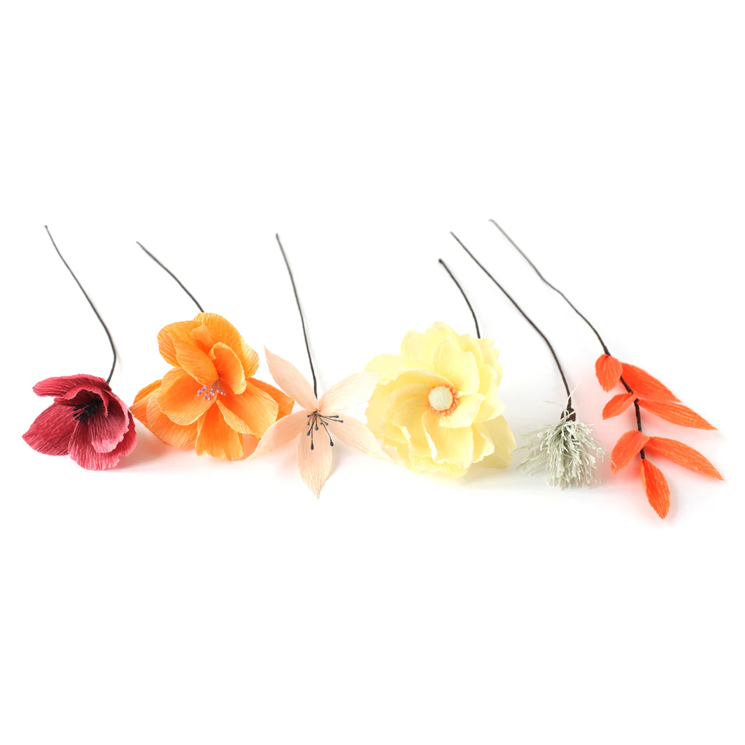 Kit Bouquet de Fleurs en Crépon - Rouge, Corail, Orange, Jaune, Rose, Mauve et Gris - Naturel – Image 4