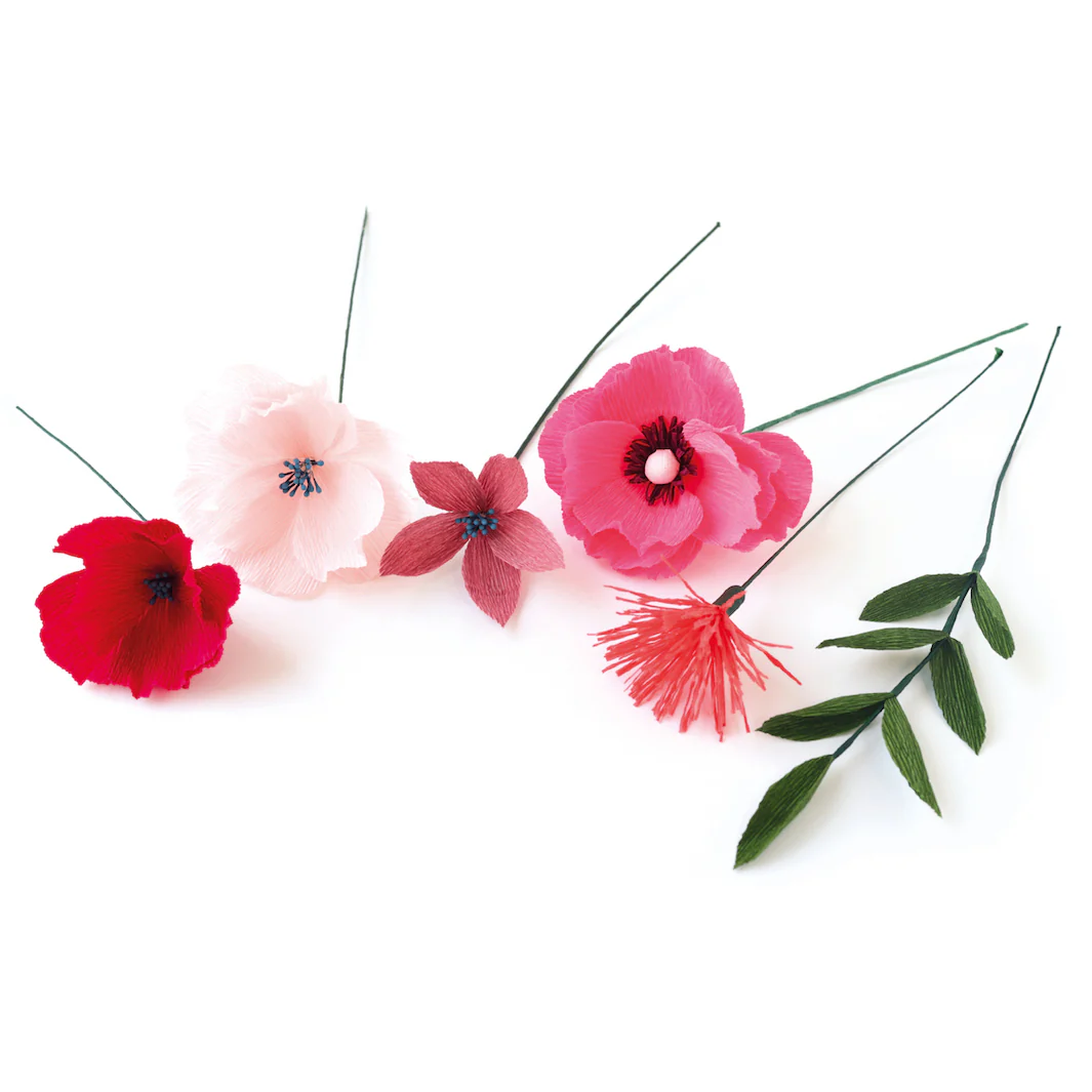 Kit Bouquet de Fleurs en Crépon - Rose Fuchsia, Rose Clair et Foncé, Lie de Vin, Bordeaux et Vert Foncé - Amour – Image 5