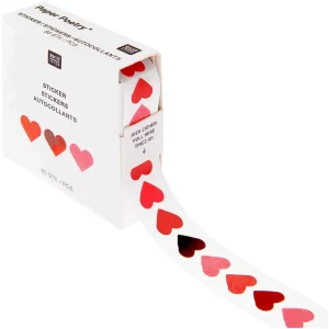 Rouleau de 80 Mini Stickers - Cœur - Rouge, Rouge Métallisé et Rose Fluo