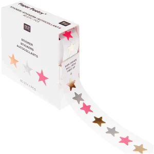 Rouleau de 80 Mini Stickers - Étoile - Or, Argent et Rose Fluo