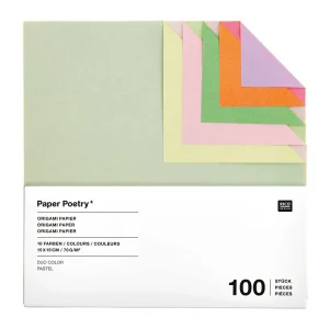 100 Papiers Origami Unis - Bicolores, Tons Pastels - 10 Couleurs - 15x15cm