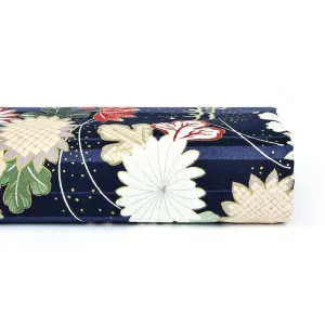 Tissu Japonais - Chrysanthèmes et Brise - Bleu Marine, Rouge, Vert de Gris et Or - T548