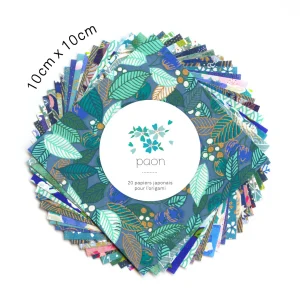 20 Papiers Origami - 10 x 10 cm - Bleu Canard, Vert d'Eau, Bleu Nuit, Turquoise et Violet - Paon