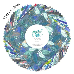20 Papiers Origami - 12 x 12 cm - Bleu Canard, Vert d'Eau, Bleu Nuit, Turquoise et Violet - Paon