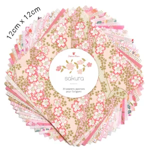 20 Papiers Origami - 12 x 12 cm - Rose Clair et Pâle, Corail, Blanc Crème et Or - Sakura