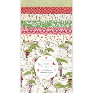 7 Papiers Origami - 15 x 15 cm - Beige, Vert, Rouge et Blanc - Roseaux - I4