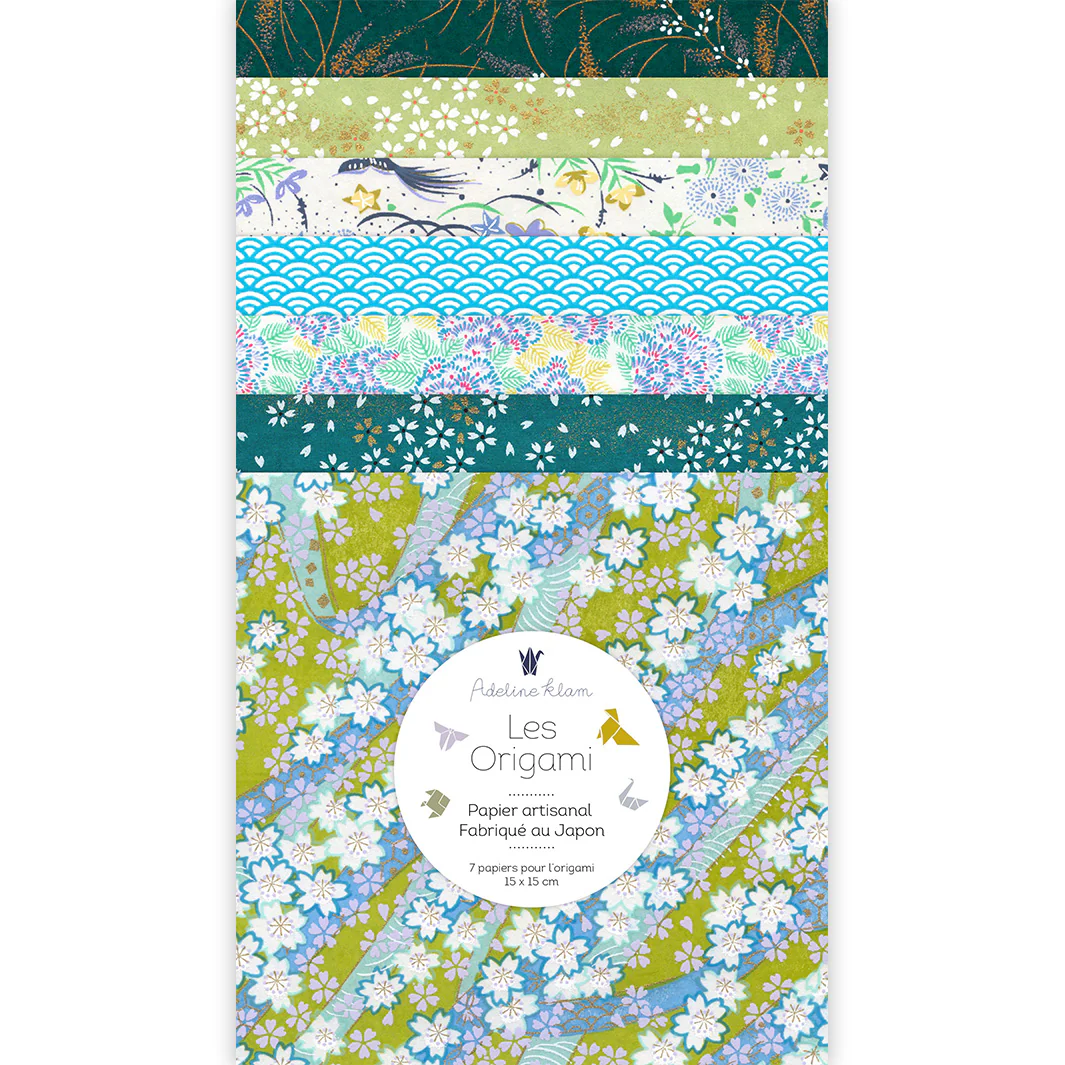 7 Papiers Origami - 15 x 15 cm - Bleu Canard, Bleu Turquoise et Vert - Mousson - I11 – Image 2