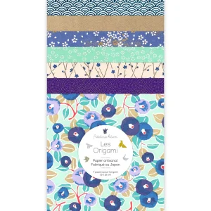 7 Papiers Origami - 15 x 15 cm - Bleu Marine, Nuit et Pervenche, Vert d'Eau et Or - Fraîcheur - Z14