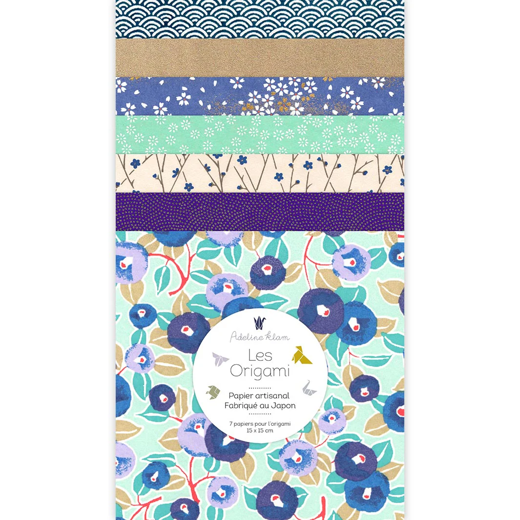 7 Papiers Origami - 15 x 15 cm - Bleu Marine, Nuit et Pervenche, Vert d'Eau et Or - Fraîcheur - Z14