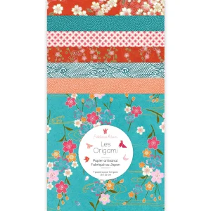 7 Papiers Origami - 15 x 15 cm - Bleu Turquoise, Rouge Orange et Rose - Miyakojima - T3