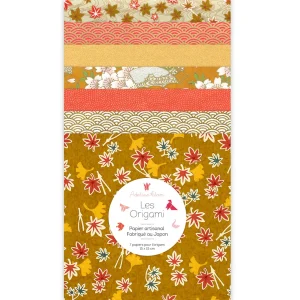 7 Papiers Origami - 15 x 15 cm - Jaune Moutarde, Rouge Orange et Or - Automne - A12