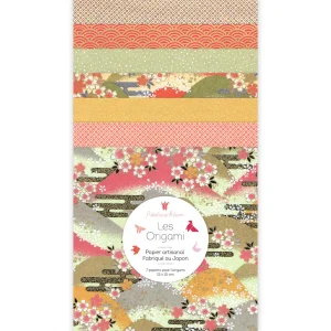 7 Papiers Origami - 15 x 15 cm - Orange, Vert Amande et Or - Récolte - A13