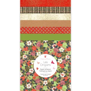 7 Papiers Origami - 15 x 15 cm - Rouge, Or, Vert et Noir - Rétro - N7
