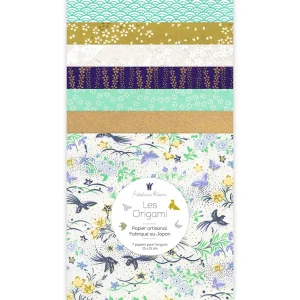 7 Papiers Origami - 15 x 15 cm - Vert d'eau, Jaune Moutarde, Blanc Cassé et Bleu Nuit - Réglisse - Z12