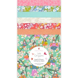 7 Papiers Origami - 15 x 15 cm - Vert Menthe, Rose, Corail et Orange - Floraison - K10