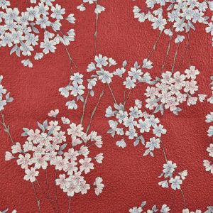 Tissu Japonais - Branches Fines de Fleurs de Cerisier - Rouge Sombre, Gris Clair et Rose Pâle - T358